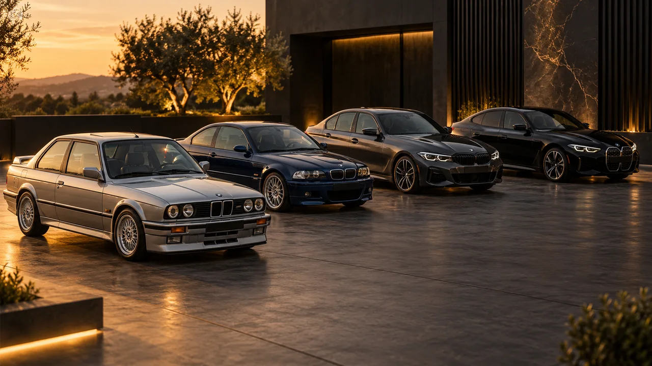 Illustration de quatre véhicules BMW, des générations anciennes aux modèles récents, dans une cour éclairée par le soleil couchant