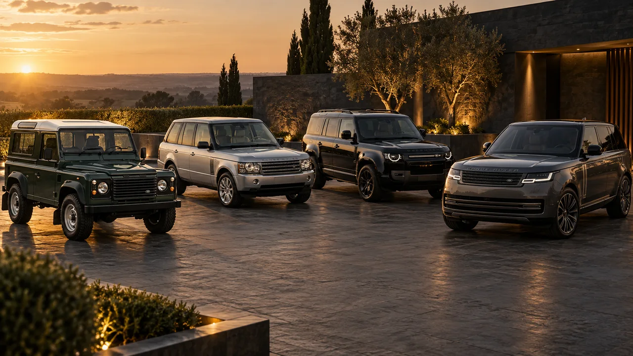 Illustration de quatre véhicules Land Rover, des générations anciennes aux modèles récents, dans une cour éclairée par le soleil couchant