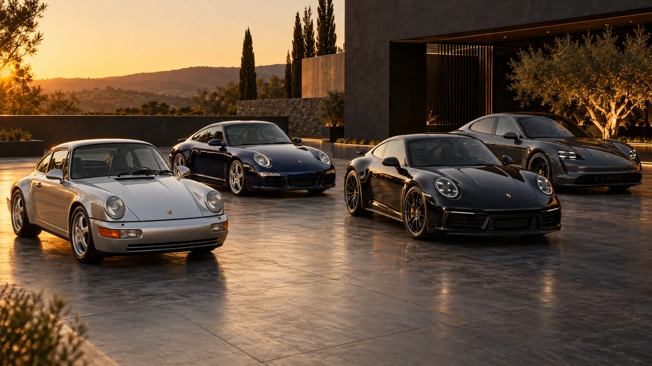 Illustration de quatre véhicules Porsche, des générations anciennes aux modèles récents, dans une cour éclairée par le soleil couchant
