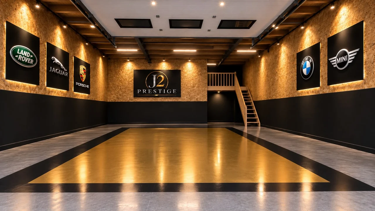 Intérieur noir et doré aux couleurs de J2 Prestige, avec les emblèmes Land Rover, Jaguar, Porsche, BMW et MINI